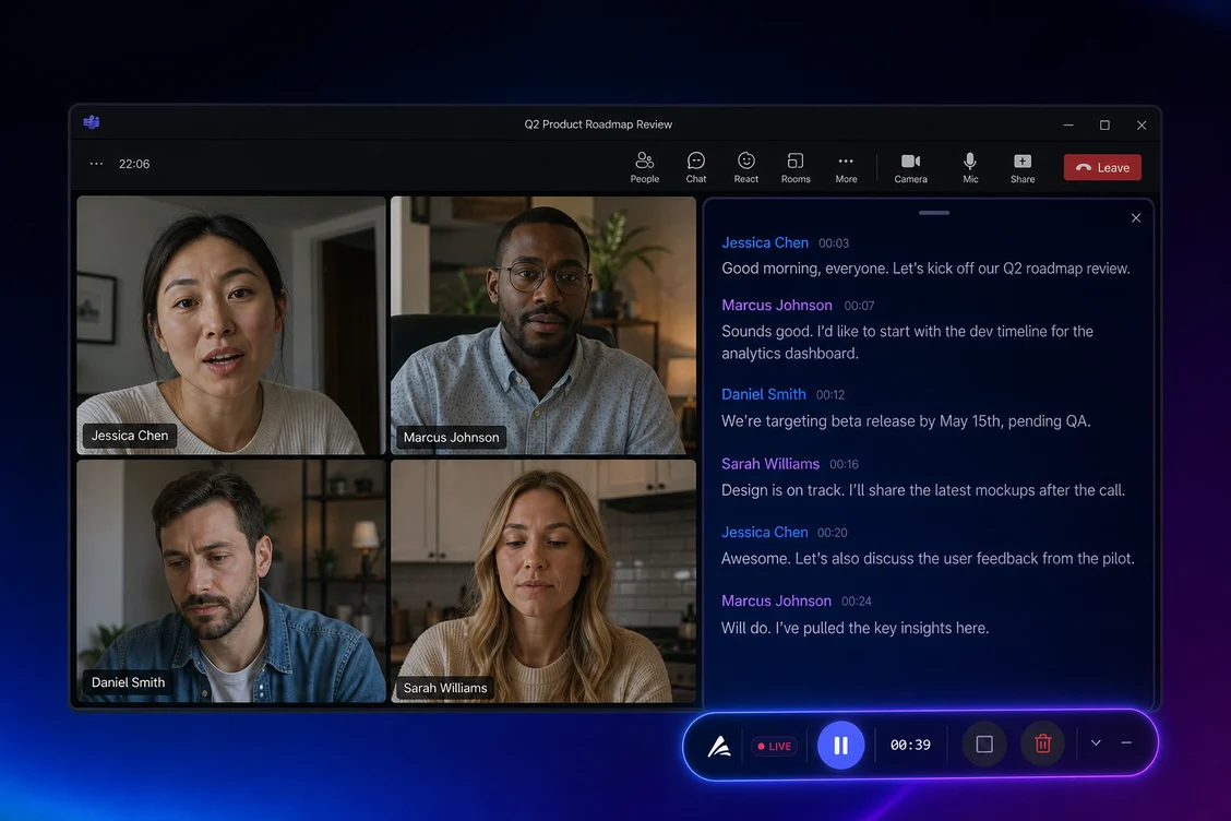 A four-person video call with Astrix recording from its floating bar — a live speaker-labelled transcript runs alongside the participants